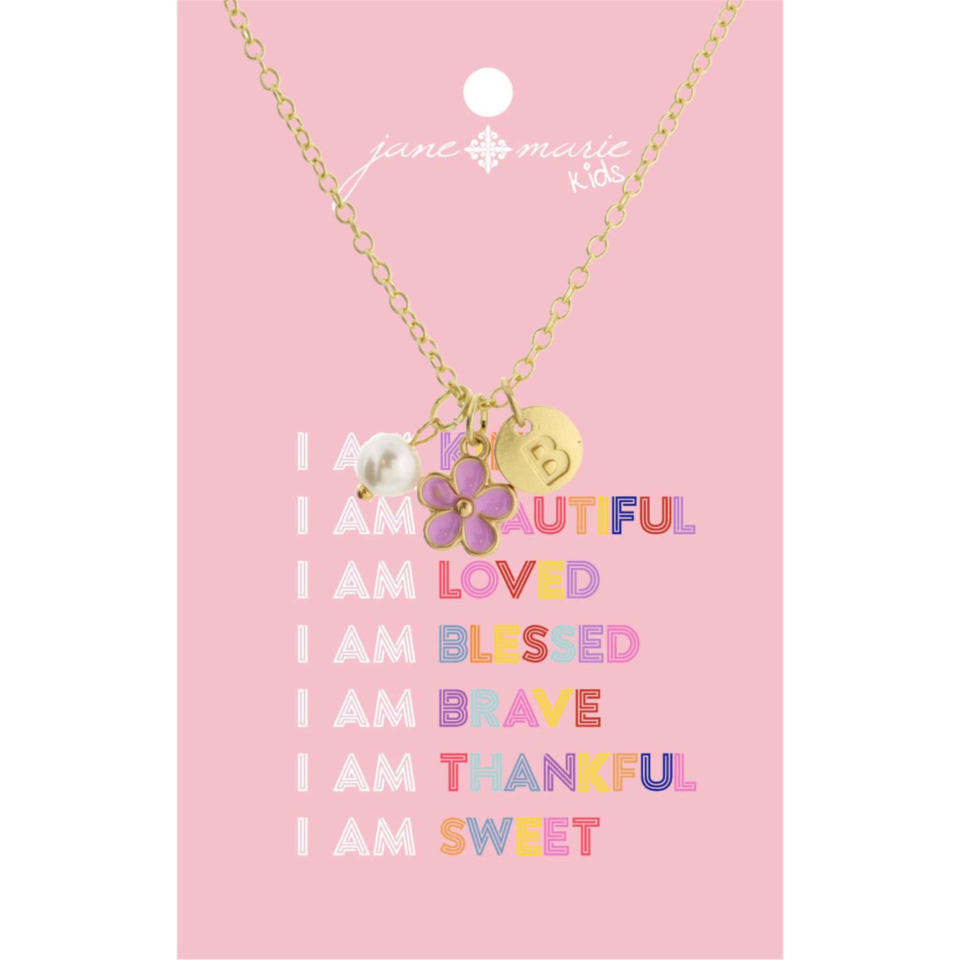 Kids 14" "B" Initial Disc, Pearl, & Purple Flower Necklace, 2" Ext