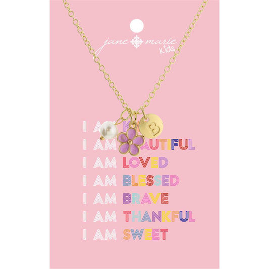 Kids 14" "B" Initial Disc, Pearl, & Purple Flower Necklace, 2" Ext