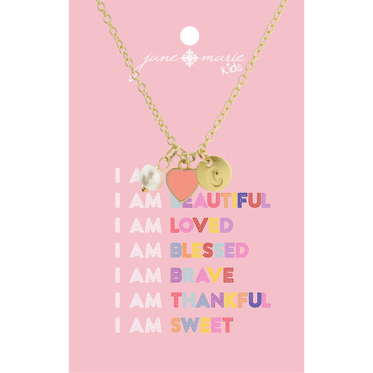 Kids 14" "C" Initial Disc, Pearl, & Pink Heart Necklace, 2" Ext