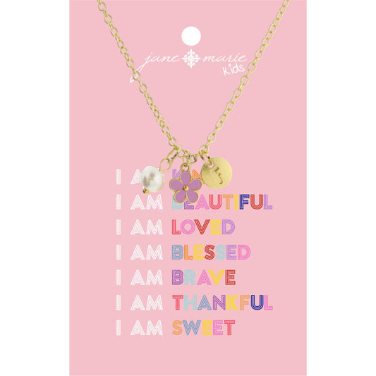 Kids 14" "F" Initial Disc, Pearl, & Purple Flower Necklace, 2" Ext