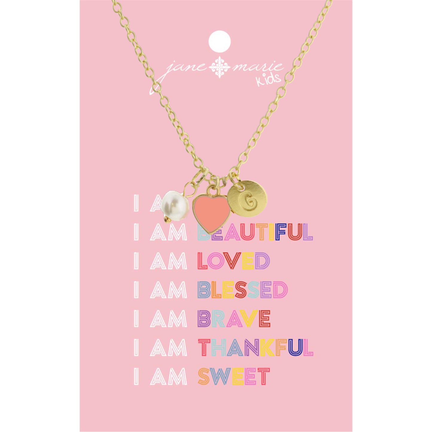 Kids 14" "G" Initial Disc, Pearl, & Pink Heart Necklace, 2" Ext
