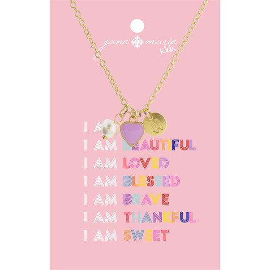 Kids 14" "H" Initial Disc, Pearl, & Purple Heart Necklace, 2" Ext