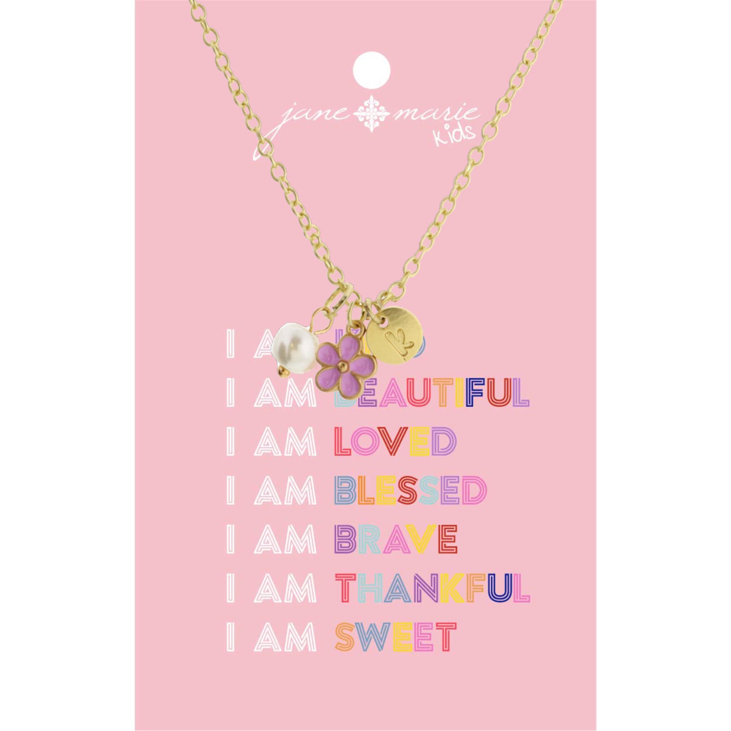 Kids 14" "K" Initial Disc, Pearl, & Purple Flower Necklace, 2" Ext