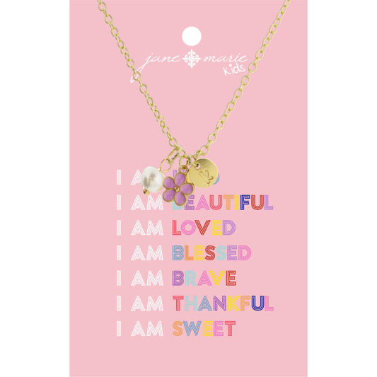 Kids 14" "K" Initial Disc, Pearl, & Purple Flower Necklace, 2" Ext