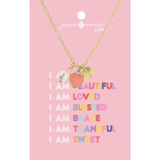 Kids 14" "L" Initial Disc, Pearl, & Pink Heart Necklace, 2" Ext