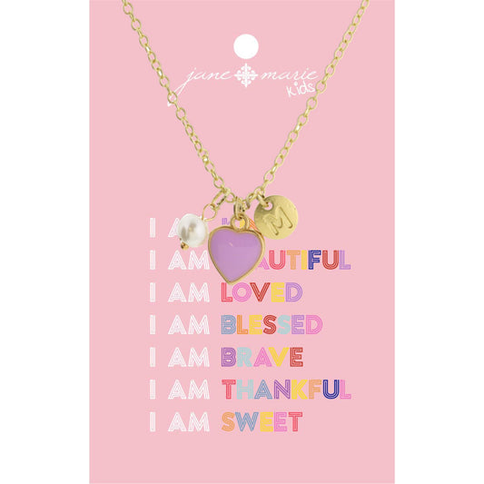 Kids 14" "M" Initial Disc, Pearl, & Purple Heart Necklace, 2" Ext