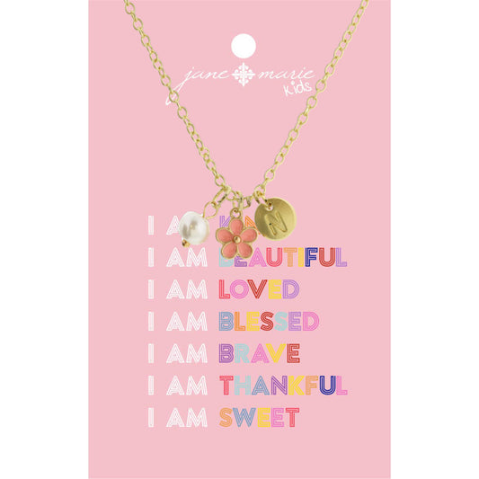 Kids 14" "N" Initial Disc, Pearl, & Pink Flower Necklace, 2" Ext