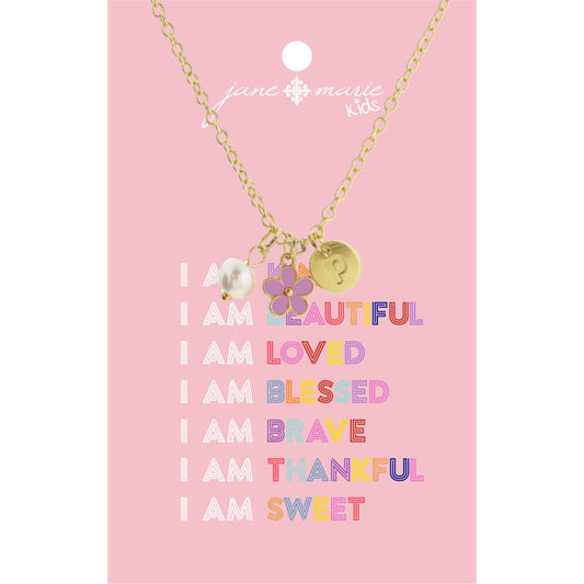 Kids 14" "P" Initial Disc, Pearl, & Purple Flower Necklace, 2" Ext
