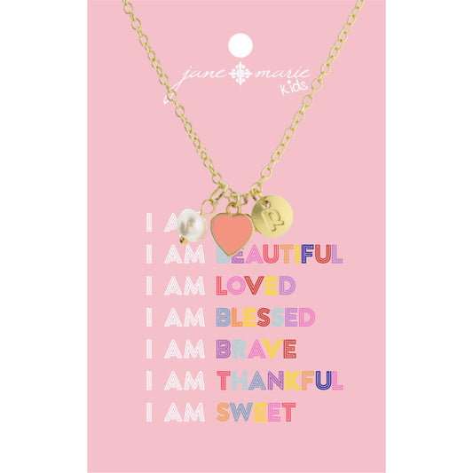 Kids 14" "R" Initial Disc, Pearl, & Pink Heart Necklace, 2" Ext
