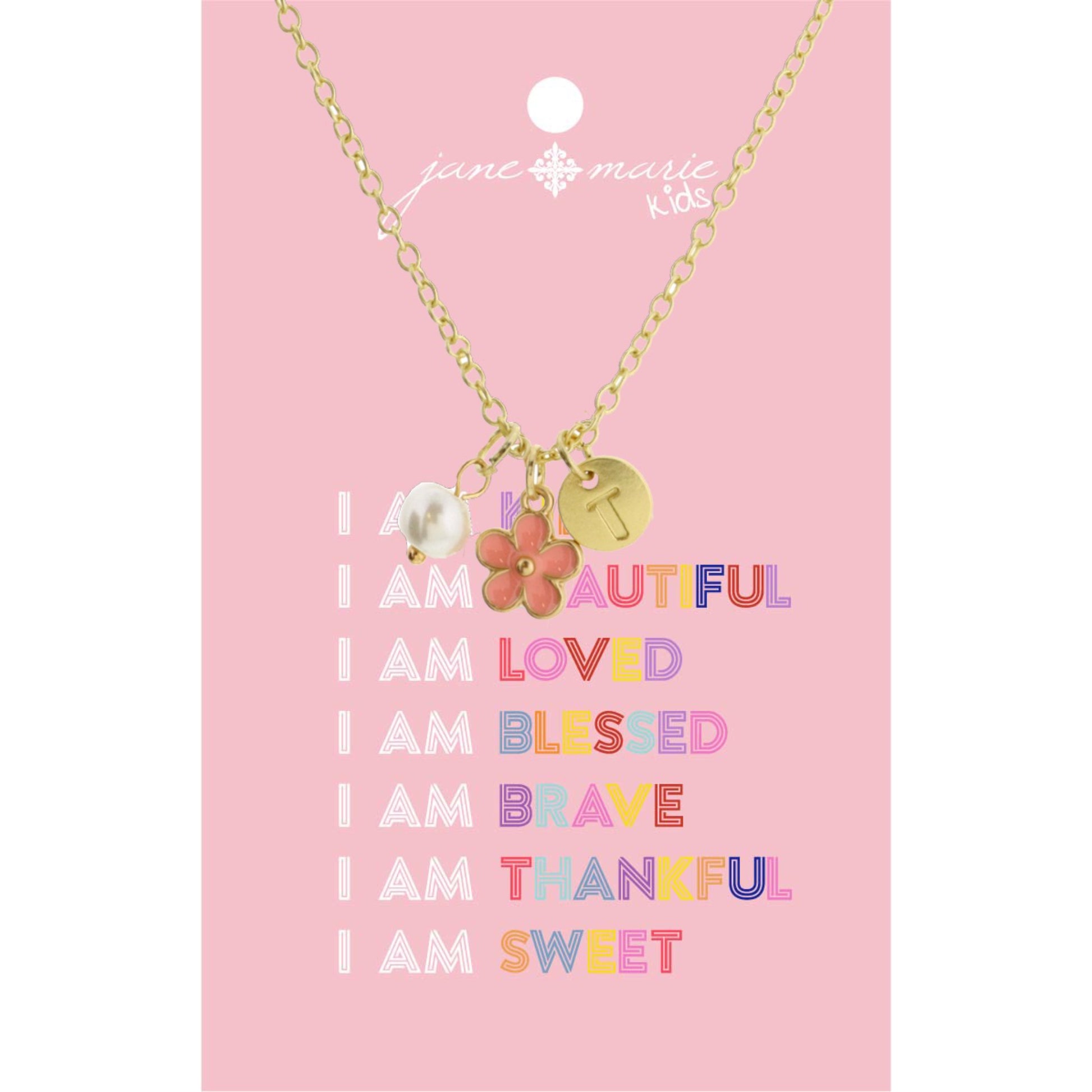 Kids 14" "T" Initial Disc, Pearl, & Pink Flower Necklace, 2" Ext