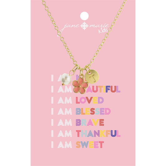 Kids 14" "T" Initial Disc, Pearl, & Pink Flower Necklace, 2" Ext