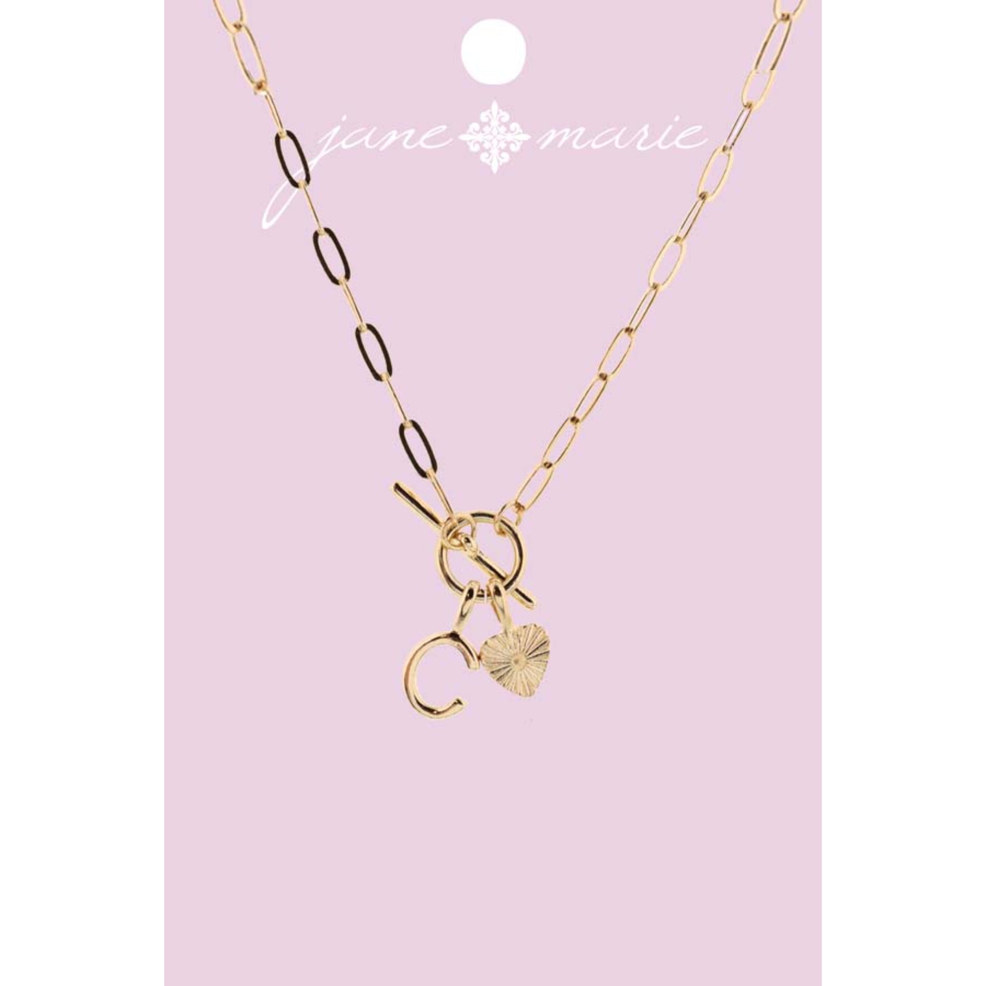 16" Gold "C" Initial with Textured Heart Necklace, .25", .50" Pendant