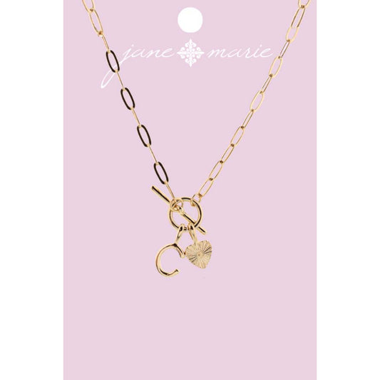 16" Gold "C" Initial with Textured Heart Necklace, .25", .50" Pendant