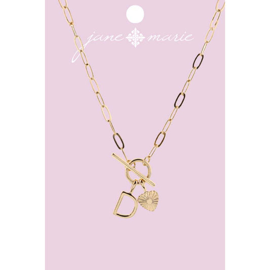 16" Gold "D" Initial with Textured Heart Necklace, .25", .50" Pendant