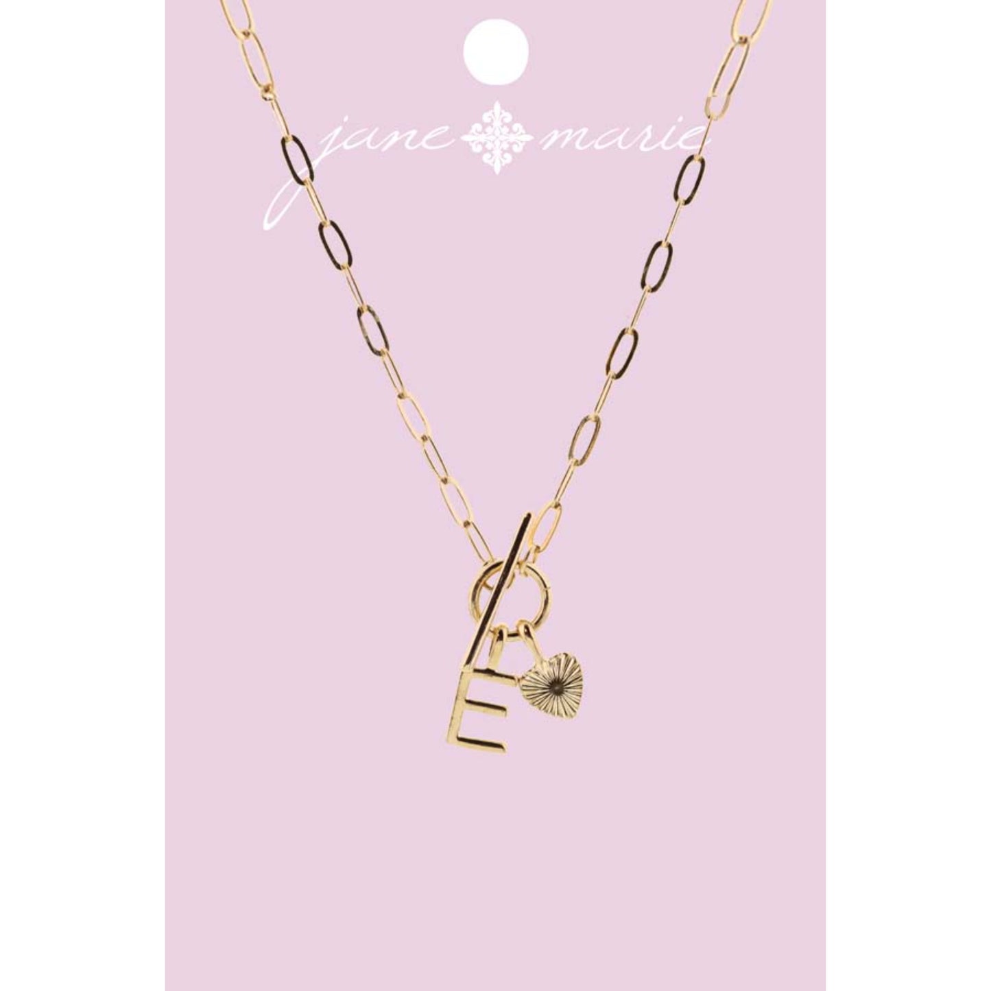 16" Gold "E" Initial with Textured Heart Necklace, .25", .50" Pendant