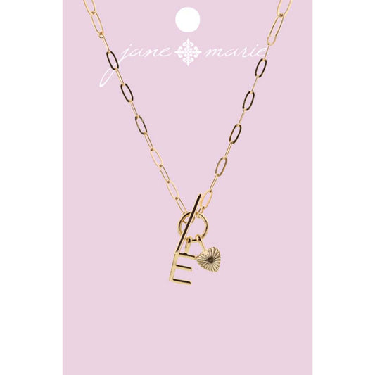16" Gold "E" Initial with Textured Heart Necklace, .25", .50" Pendant