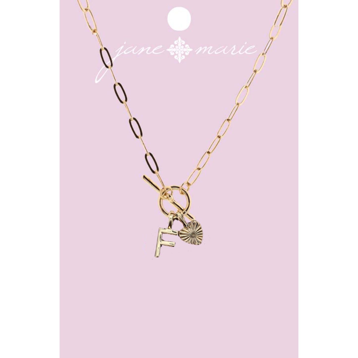 16" Gold "F" Initial with Textured Heart Necklace, .25", .50" Pendant
