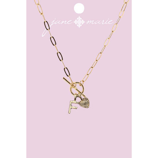 16" Gold "F" Initial with Textured Heart Necklace, .25", .50" Pendant
