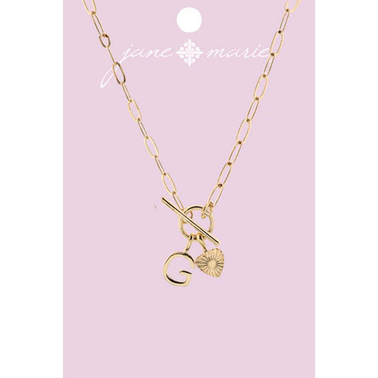 16" Gold "G" Initial with Textured Heart Necklace, .25", .50" Pendant