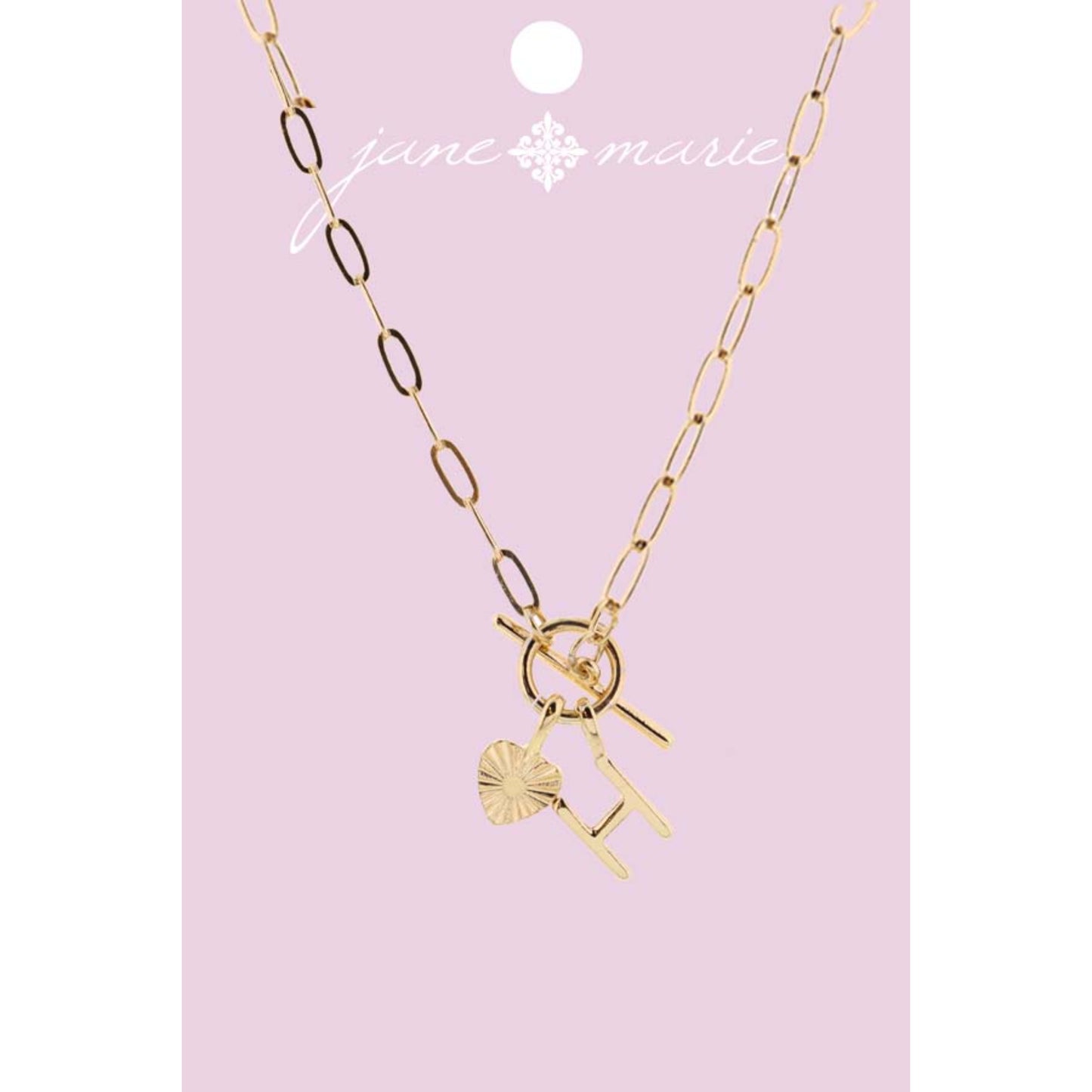 16" Gold "H" Initial with Textured Heart Necklace, .25", .50" Pendant