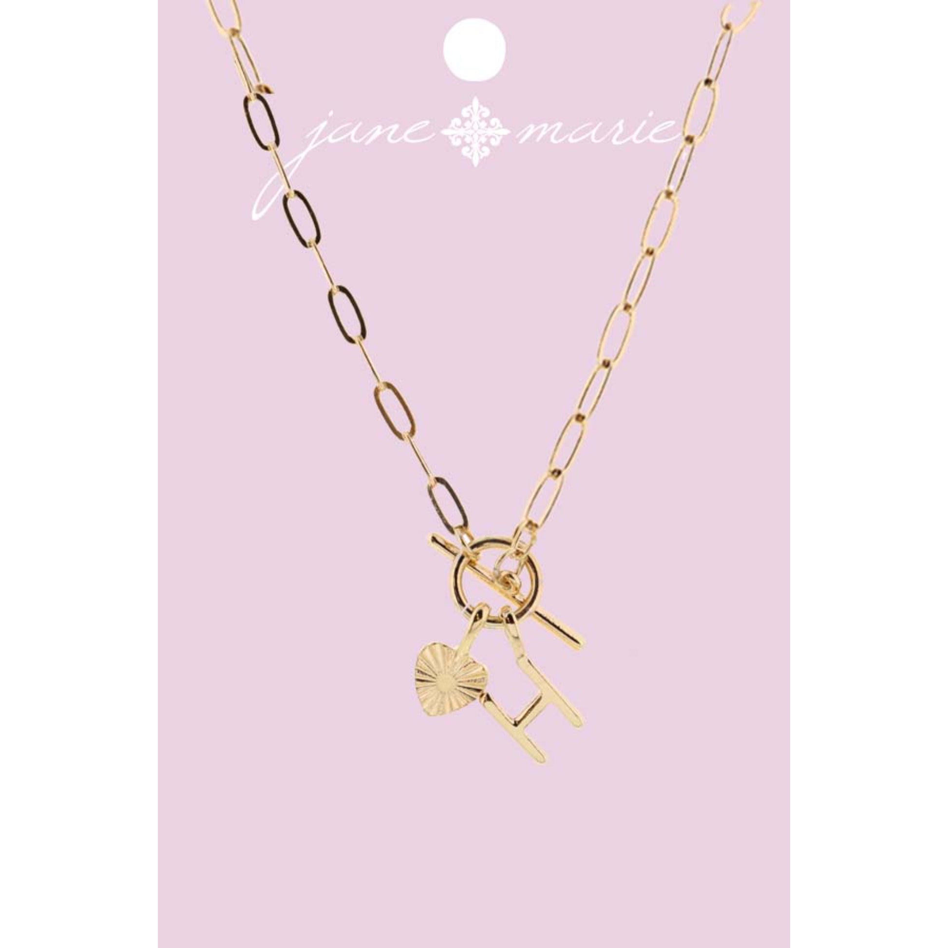 16" Gold "H" Initial with Textured Heart Necklace, .25", .50" Pendant