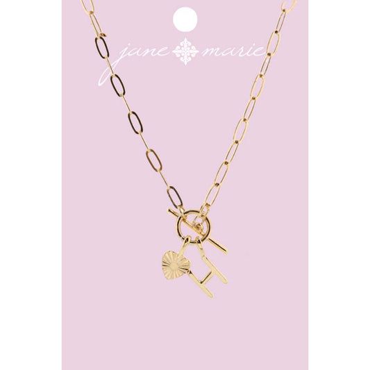 16" Gold "H" Initial with Textured Heart Necklace, .25", .50" Pendant
