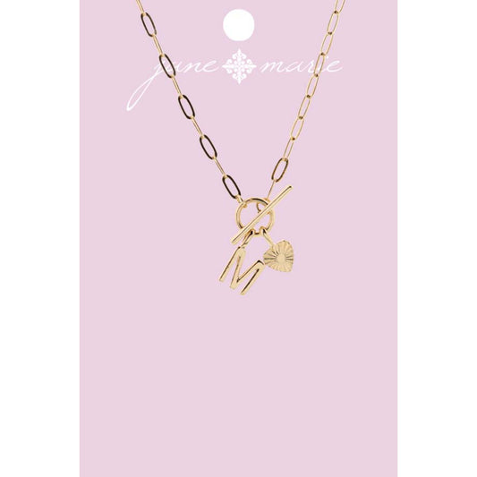 16" Gold "M" Initial with Textured Heart Necklace, .25", .50" Pendant