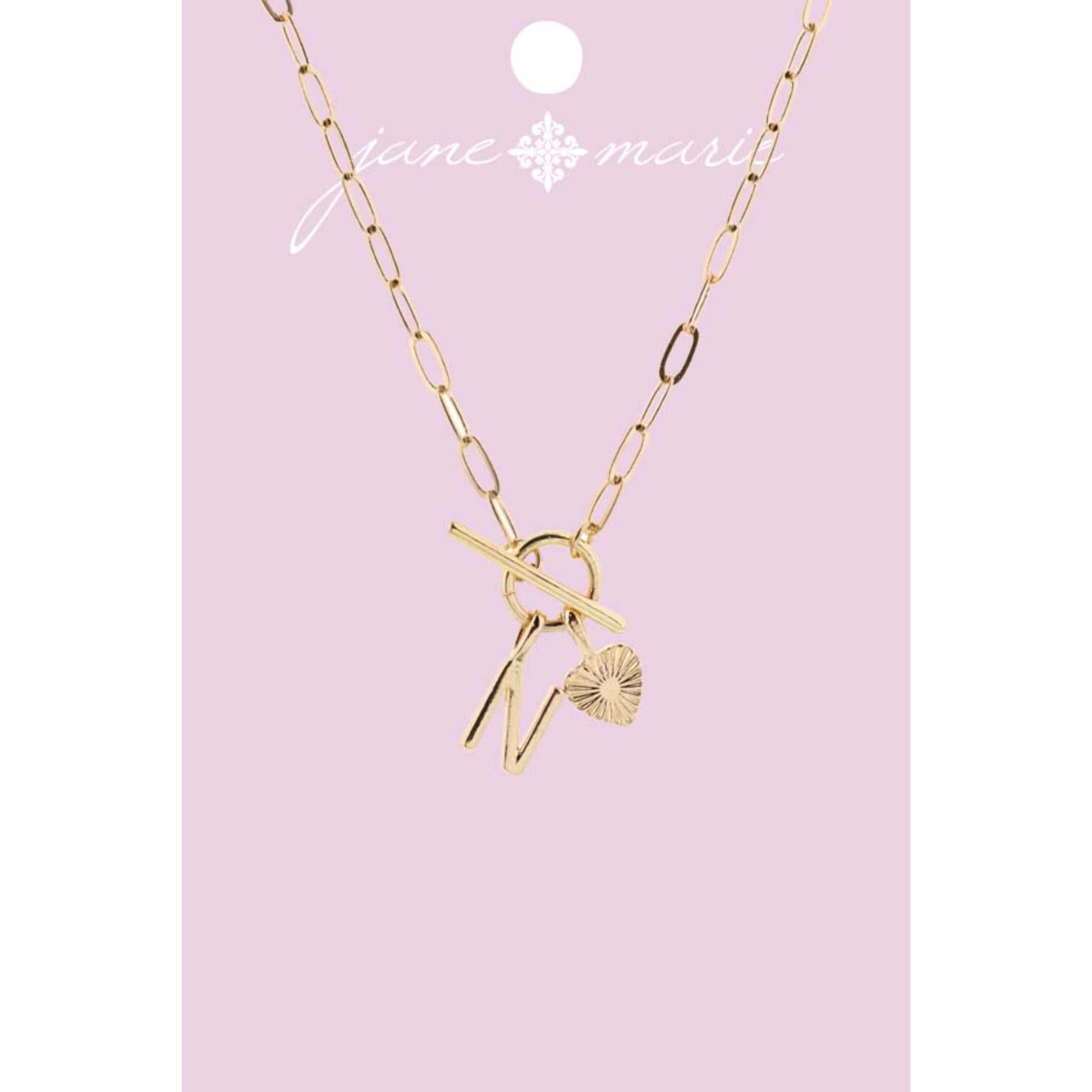 16" Gold "N" Initial with Textured Heart Necklace, .25", .50" Pendant