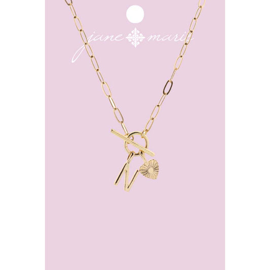 16" Gold "N" Initial with Textured Heart Necklace, .25", .50" Pendant