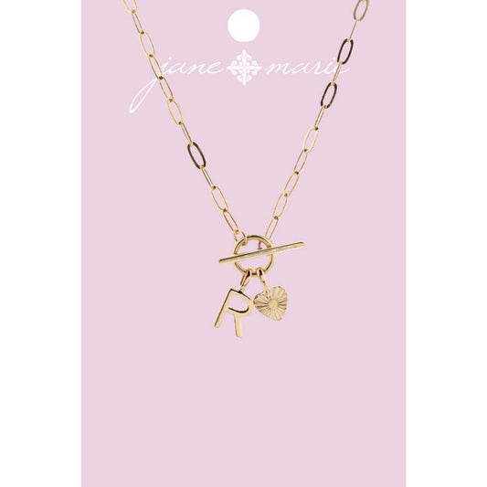 16" Gold "R" Initial with Textured Heart Necklace, .25", .50" Pendant