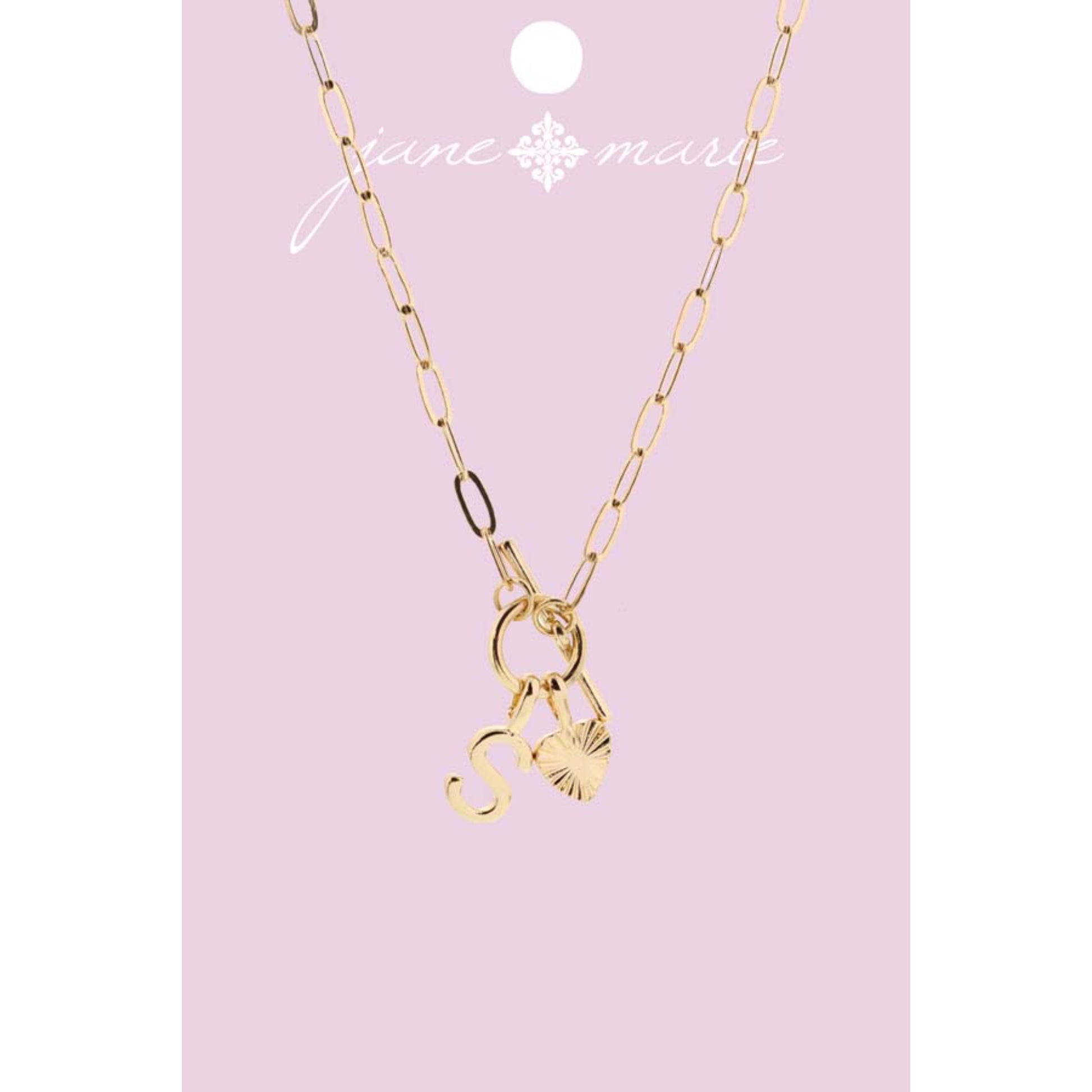 16" Gold "S" Initial with Textured Heart Necklace, .25", .50" Pendant