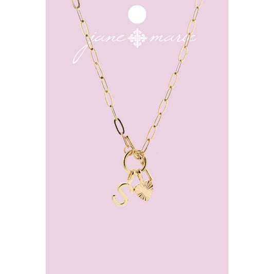 16" Gold "S" Initial with Textured Heart Necklace, .25", .50" Pendant