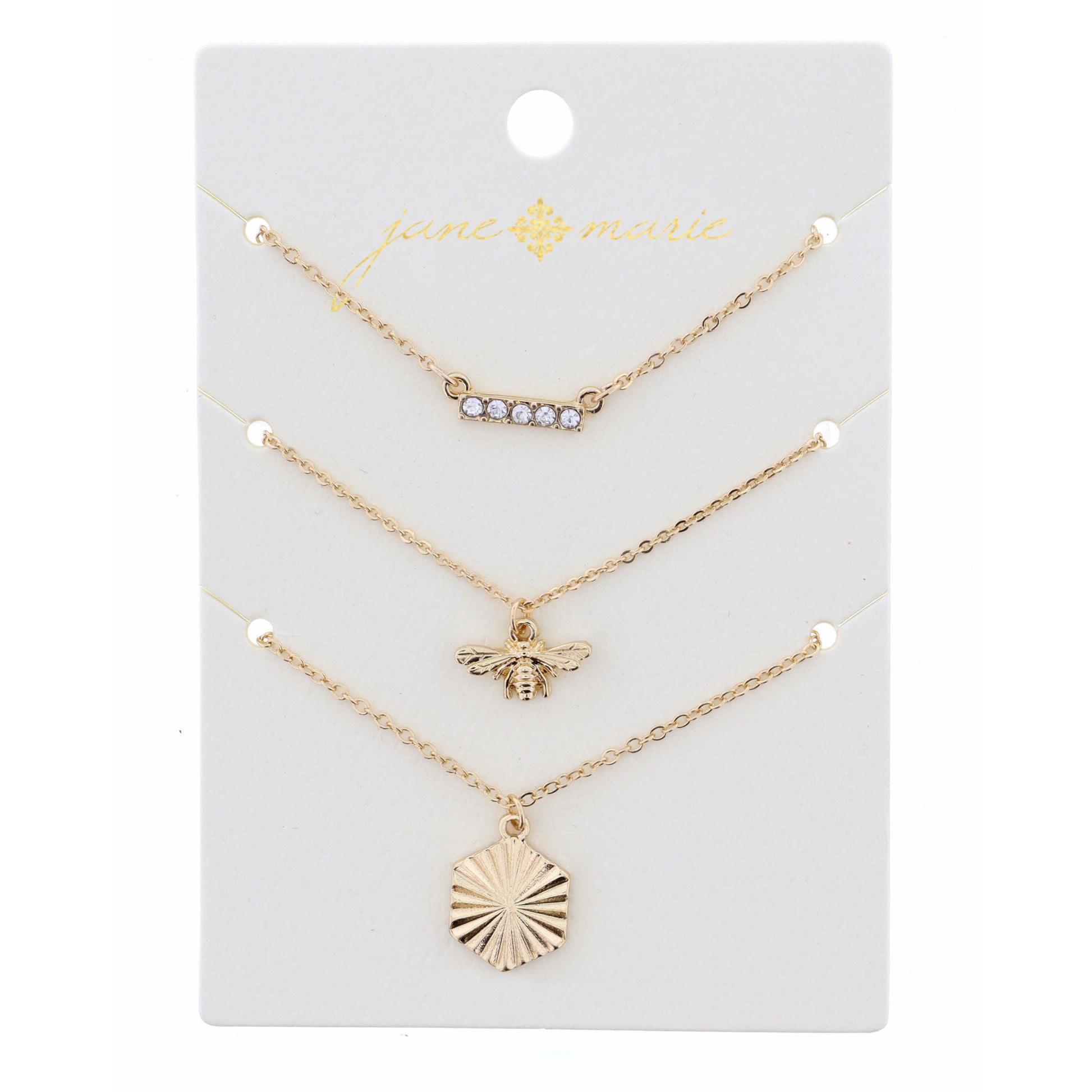 16" Set of 3, Bee and Hexagon Necklace, .125", .25", .50" Pendant, 3" Ext