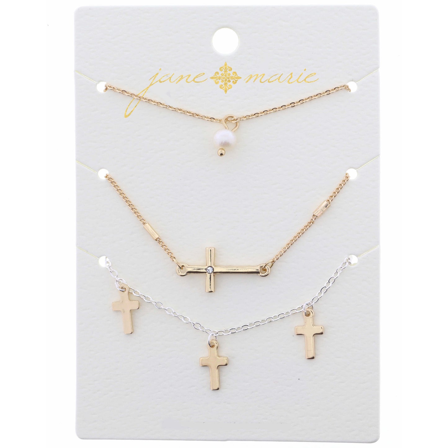 16" Set of 3, Pearl, Gold Crosses Necklace, .25", 1", .50" Pendant, 3" Ext
