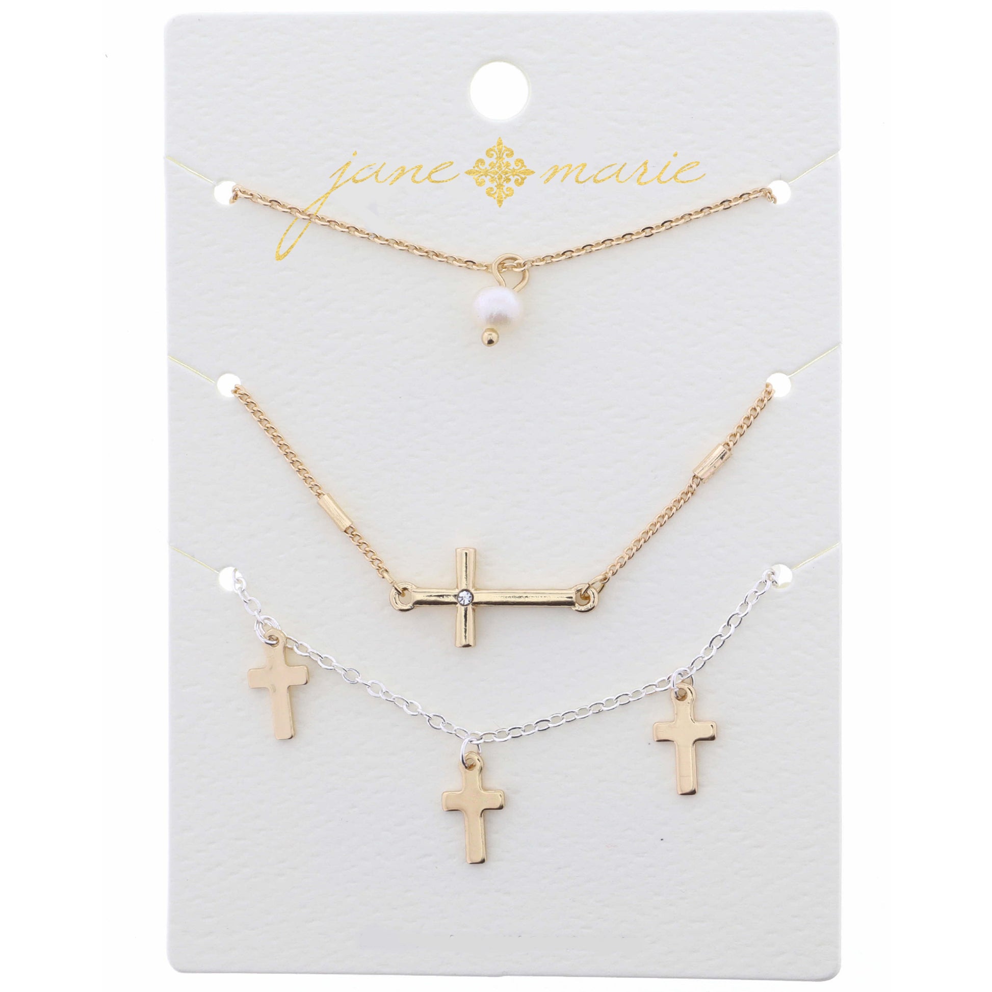 16" Set of 3, Pearl, Gold Crosses Necklace, .25", 1", .50" Pendant, 3" Ext