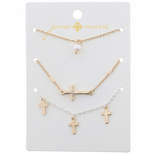 16" Set of 3, Pearl, Gold Crosses Necklace, .25", 1", .50" Pendant, 3" Ext
