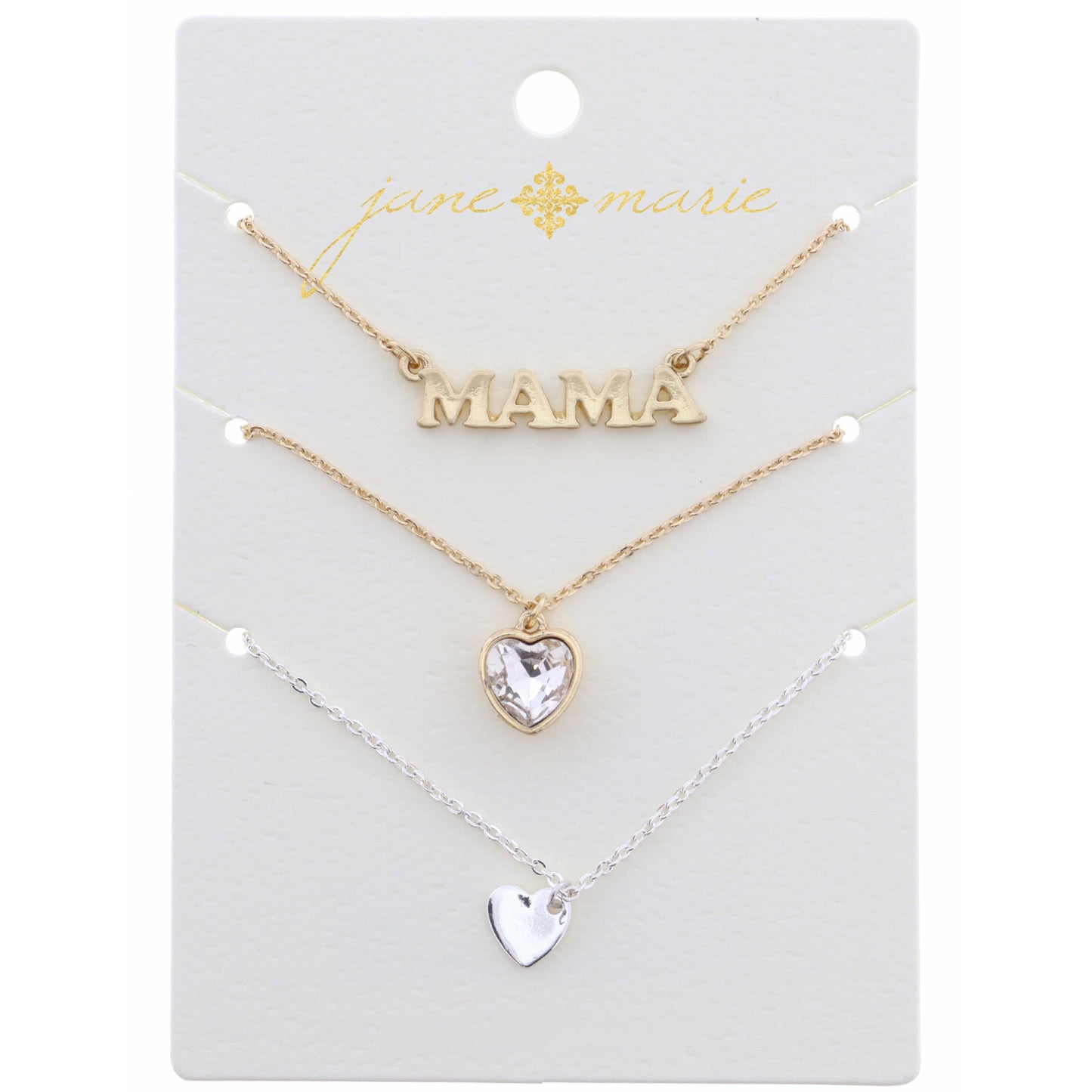 16" Set of 3, Gold Mama, Hearts Necklace, .25", .50", .25" Pendant, 3" Ext