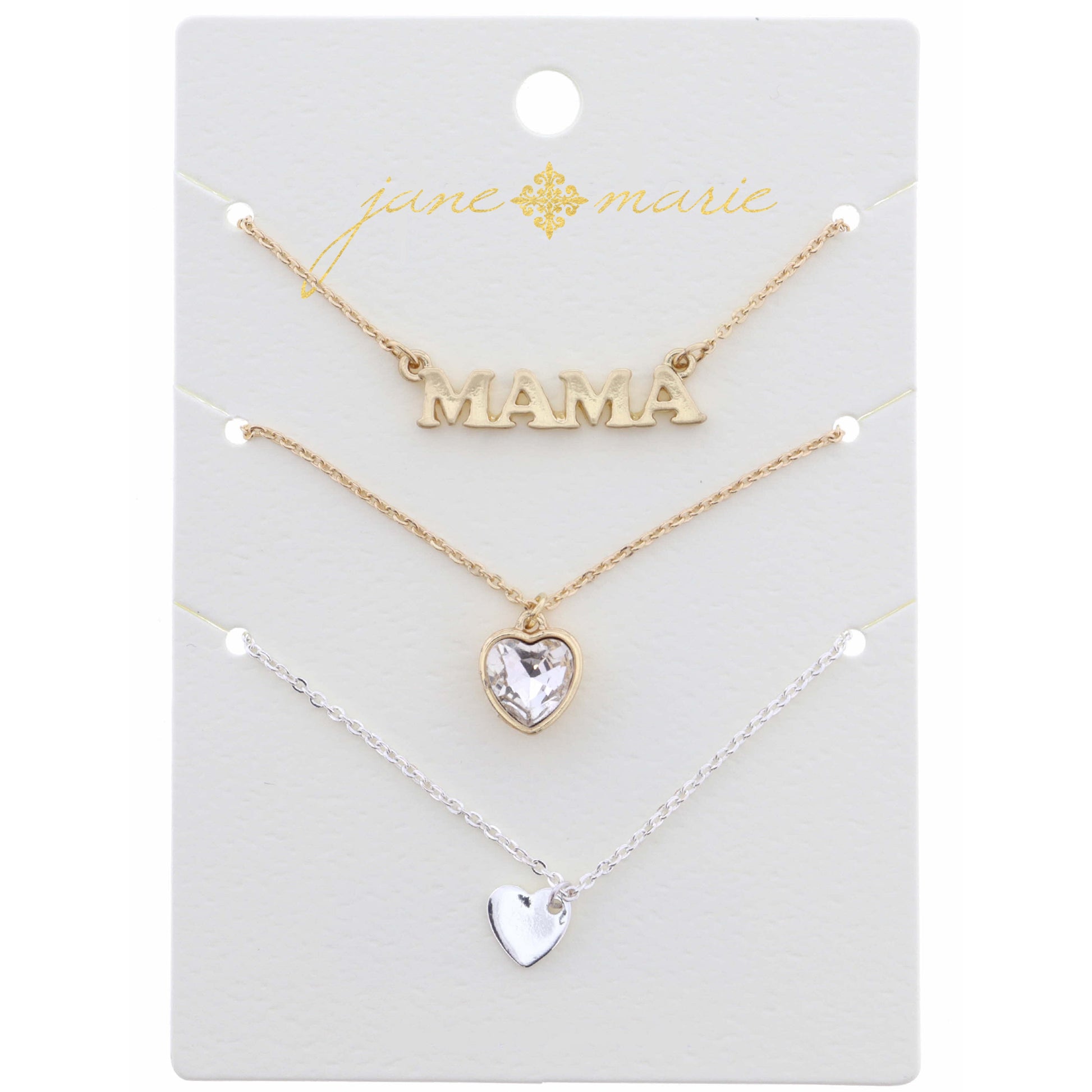 16" Set of 3, Gold Mama, Hearts Necklace, .25", .50", .25" Pendant, 3" Ext