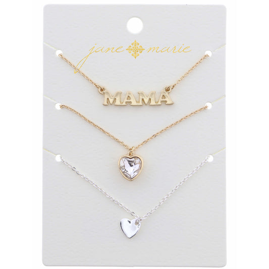 16" Set of 3, Gold Mama, Hearts Necklace, .25", .50", .25" Pendant, 3" Ext