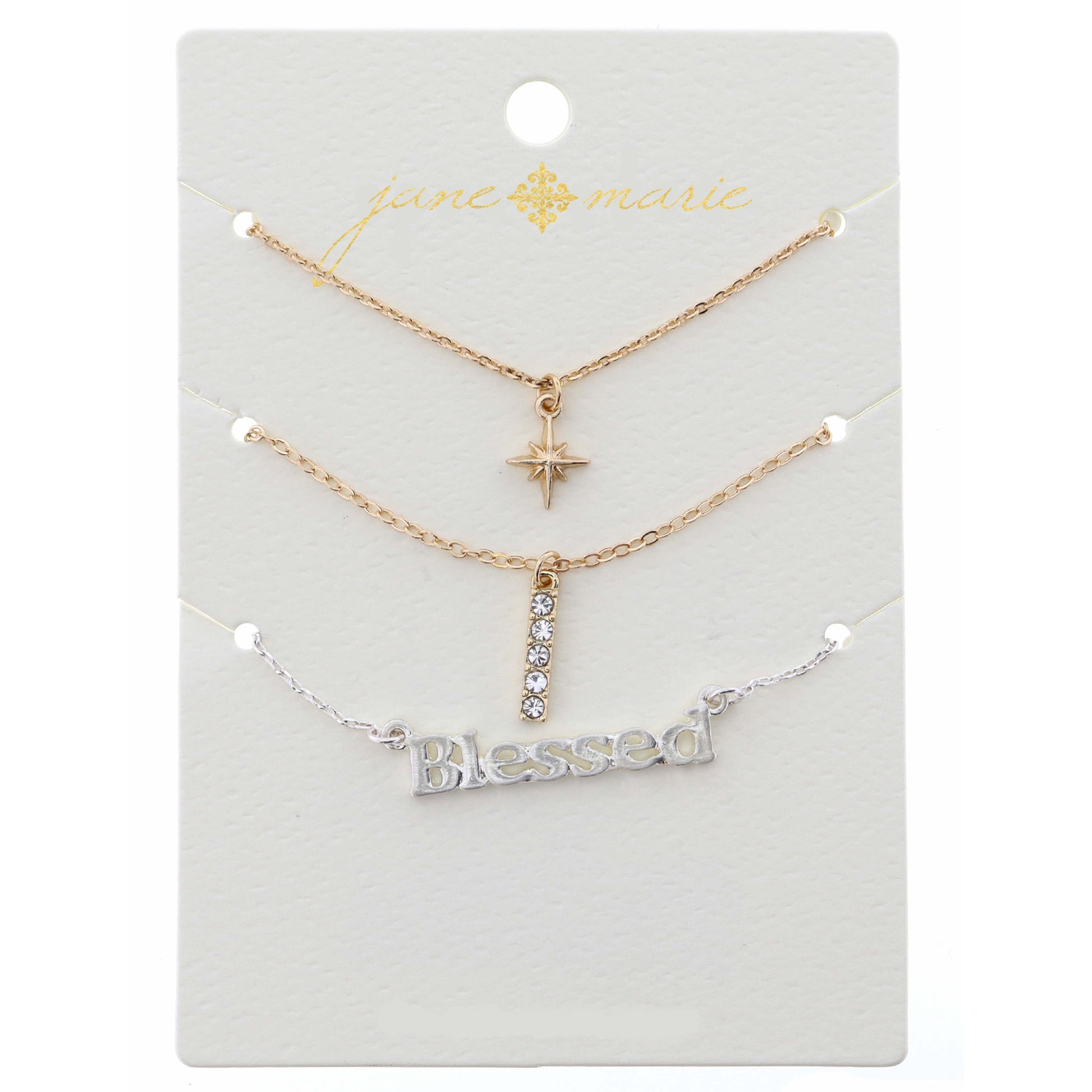16" Set of 3, Star, Bar, Bless Necklace, .25", .50", .25" Pendant, 3" Ext