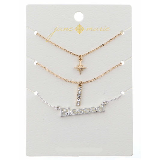 16" Set of 3, Star, Bar, Bless Necklace, .25", .50", .25" Pendant, 3" Ext