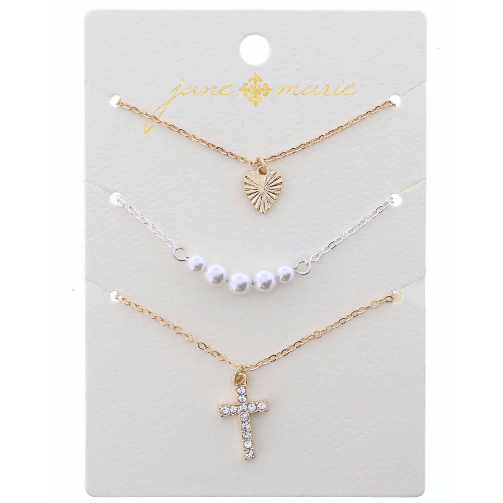 16" Set of 3, Heart, Pearl, Cross Necklace, .25", .25", 1" Pendant, 3" Ext