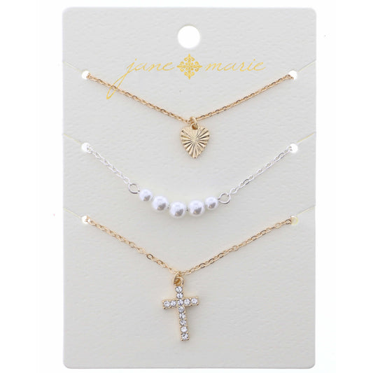 16" Set of 3, Heart, Pearl, Cross Necklace, .25", .25", 1" Pendant, 3" Ext