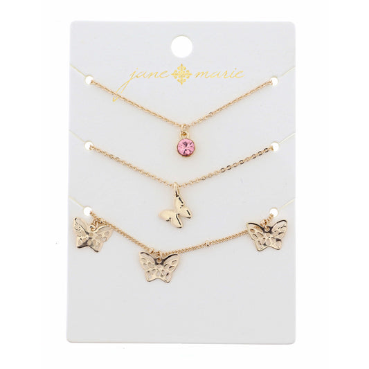 16" Set of 3, Rose Butterfly Necklace, .25", .25", .25" Pendant, 3" Ext