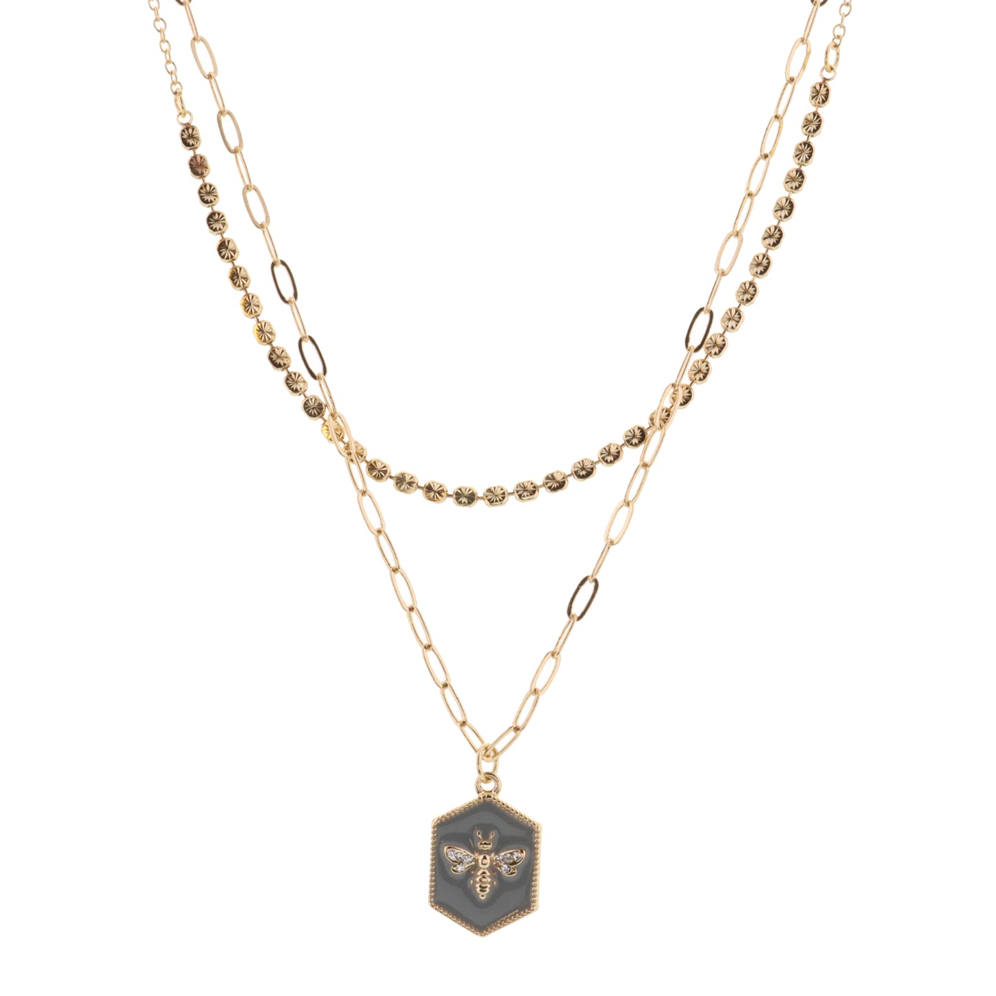16", 18" 2 Layered Bee on Grey Hexagon Necklace, 3" Ext
