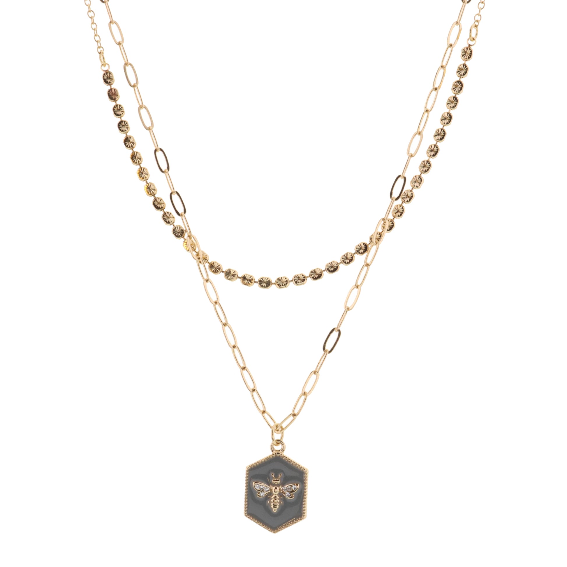 16", 18" 2 Layered Bee on Grey Hexagon Necklace, 3" Ext