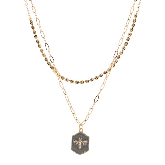 16", 18" 2 Layered Bee on Grey Hexagon Necklace, 3" Ext