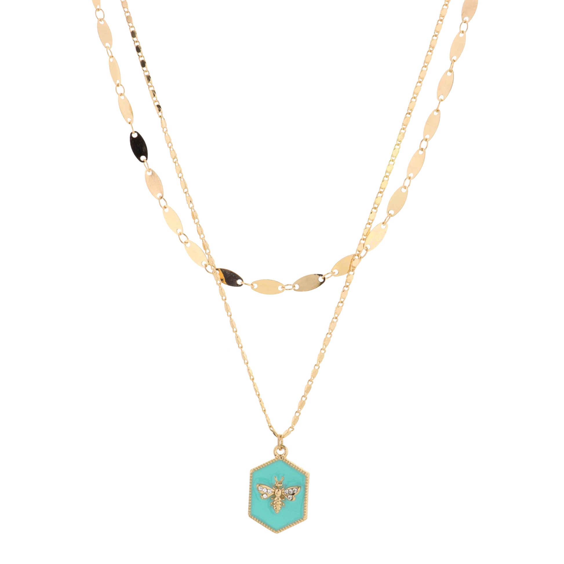 16", 18" 2 Layered Bee on Mint Hexagon Necklace, 3" Ext