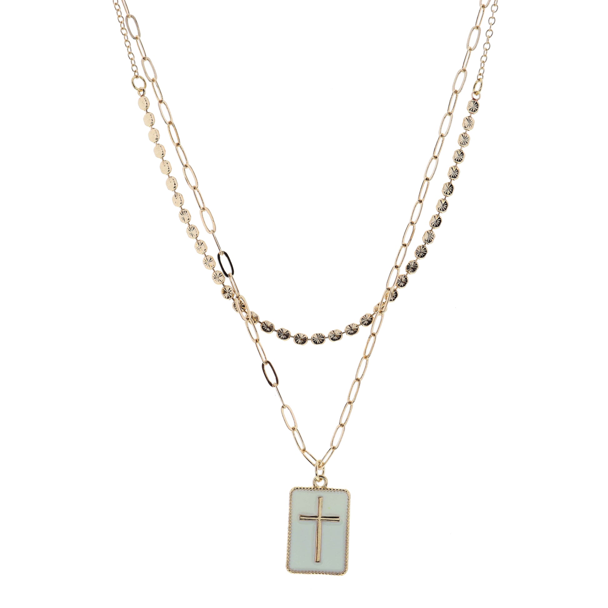 16", 18" 2 Layered Cross on Ivory Rectangle Necklace, 3" Ext