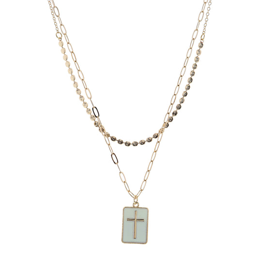 16", 18" 2 Layered Cross on Ivory Rectangle Necklace, 3" Ext